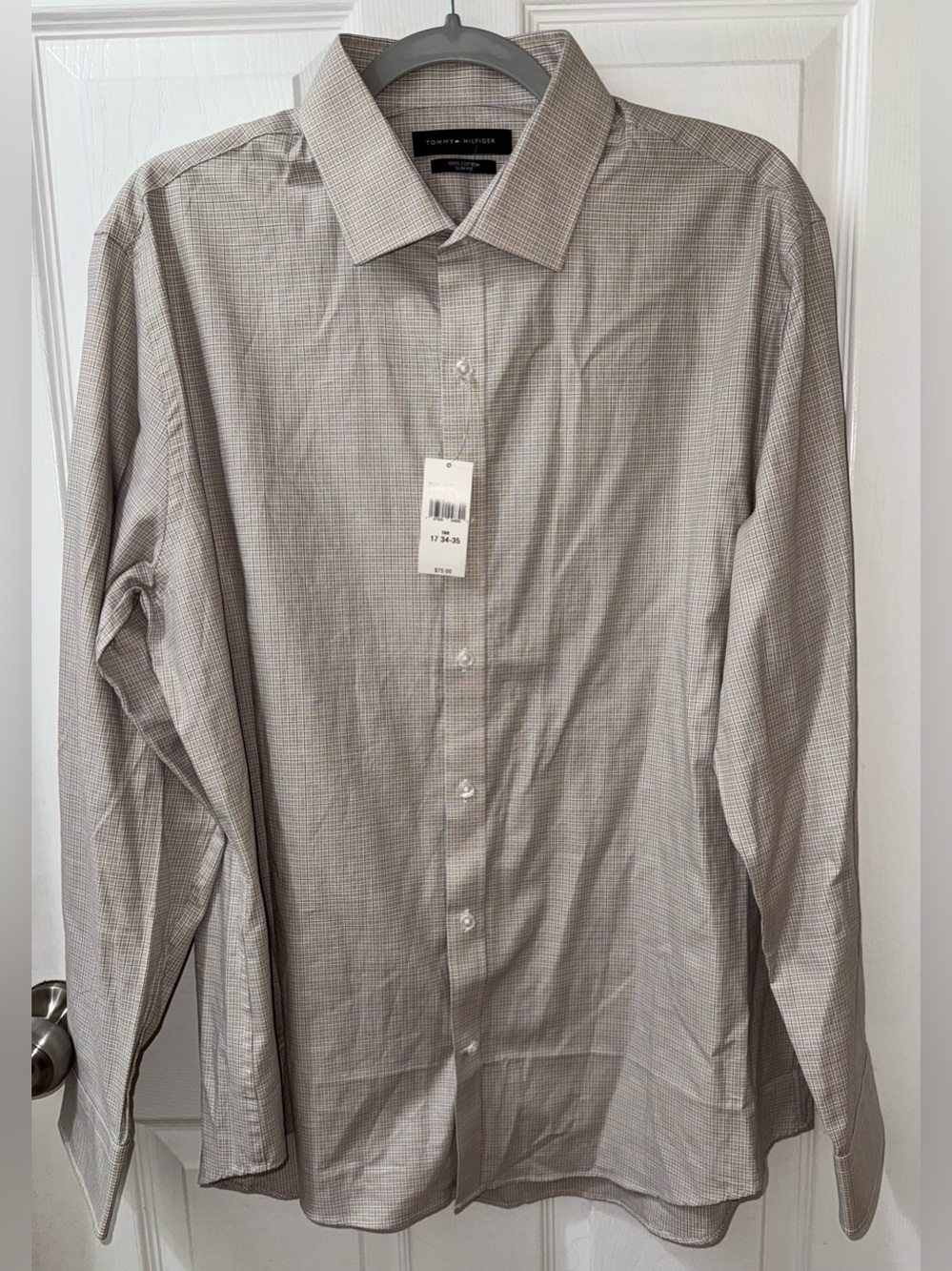 NWT Tommy Hilfiger Men's Slim Fit Micro-Check Tan Dress Shirt Size 17 34/35